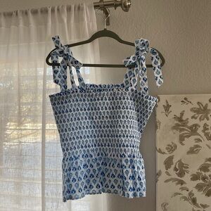 J. Crew Blue and White Floral Smocked Blouse